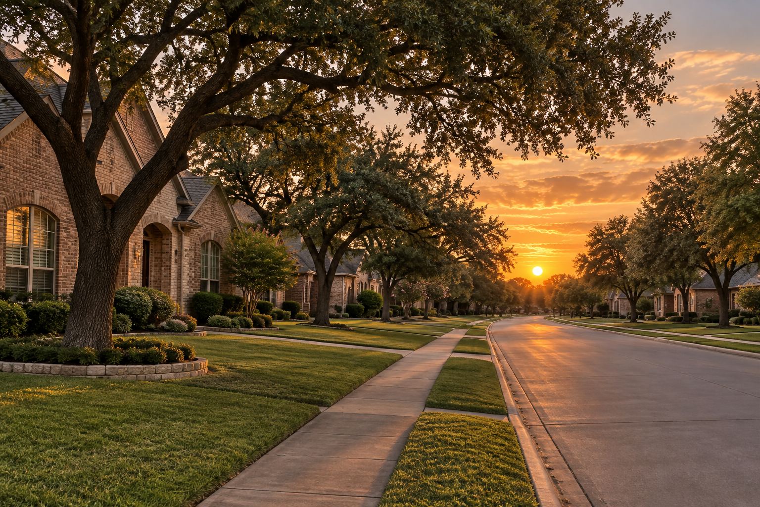 A Fort Worth residential street at sunset, illustrative